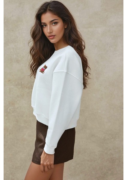 Kadın İşlemeli Rahat Kesim Pamuklu Sweatshirt White