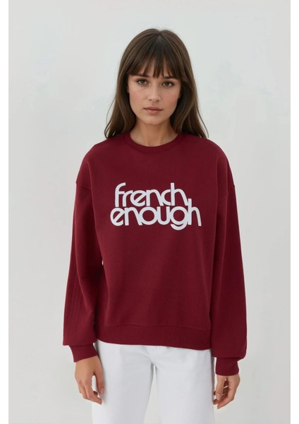 Kadın Baskılı Yuvarlak Yaka Uzun Kollu Sweatshirt Red