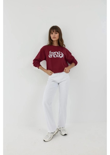 Kadın Baskılı Yuvarlak Yaka Uzun Kollu Sweatshirt Red
