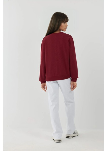 Kadın Baskılı Yuvarlak Yaka Uzun Kollu Sweatshirt Red