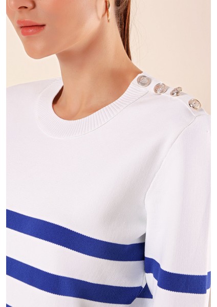 Kadın BDART Çizgili Akrilik Düz Yaka Kazak, Düğme Detayıyla Gök Mavisi