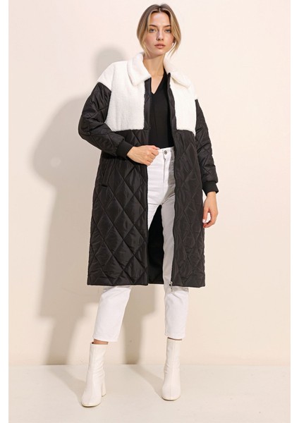 Kadın BDART Şal Yaka Desenli Oversized Uzun Puffer Ceket White indirimleri