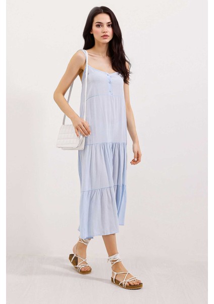 Kadın BDART Kare Yaka ile Rahat Midi Elbise Blue