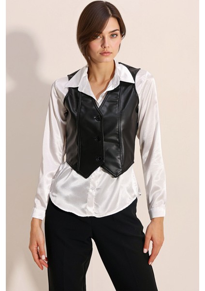 Kadın BDART V Yaka, Fitilli Suni Deri Yelek Black