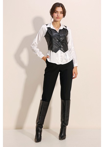 Kadın BDART V Yaka, Fitilli Suni Deri Yelek Black