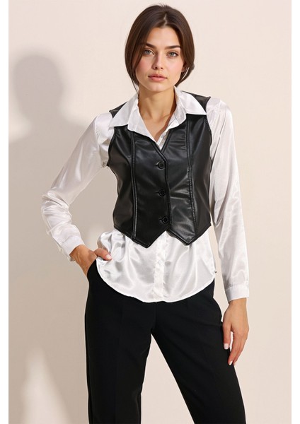 Kadın BDART V Yaka, Fitilli Suni Deri Yelek Black