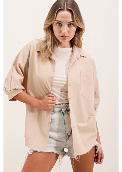 Kadın BDART Cep Detaylı Bol Poplin Gömlek Natural indirimleri
