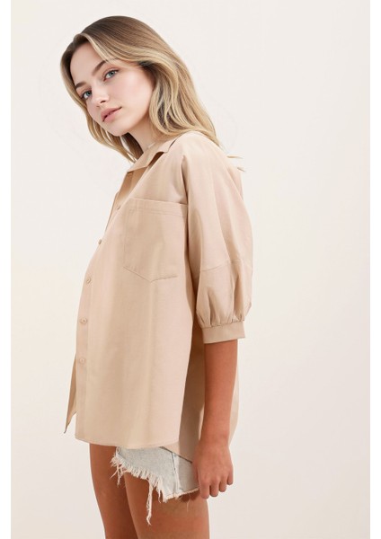 Kadın BDART Cep Detaylı Bol Poplin Gömlek Natural