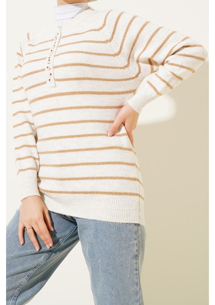 Kadın BDART Düğmeli Kapatma Detaylı Çizgili Örgü Kazak Deve Kahvesi
