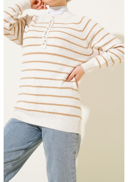 Kadın BDART Düğmeli Kapatma Detaylı Çizgili Örgü Kazak Deve Kahvesi