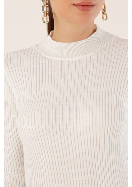 Kadın BDART Doku Desenli Yuvarlak Yaka Triko Elbise Beyaz