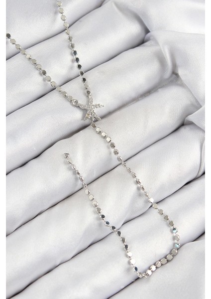 Pirinç Zirkon Taşlı Ezme Zincirli Deniz Yıldızı Model Gümüş Renk Y Kolye