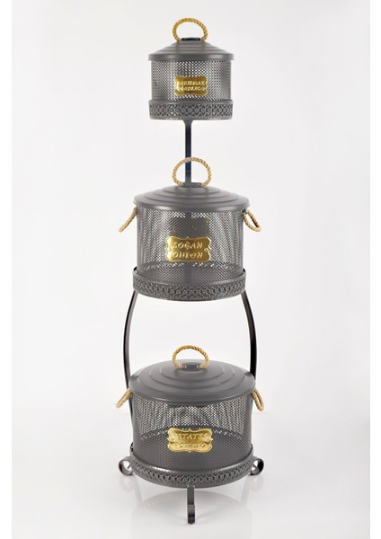 Gri Renkli 3 Katlı Delikli Sebze Saklama Standı, Ferforje Tasarım