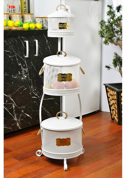 Gri Renkli 3 Katlı Delikli Sebze Saklama Standı, Ferforje Tasarım fiyatları