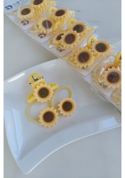 3'lü Ayçiçeği Toka Seti 2 Adet Lastik Toka 1 Adet Mandal Toka Kız Çocuk Okul Tokası modelleri