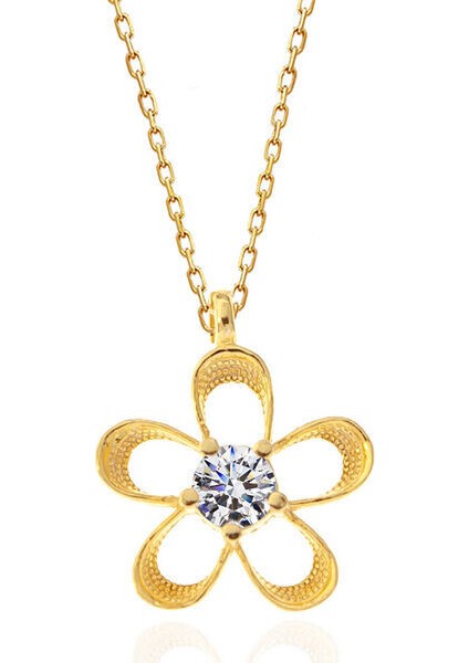 Gold Çiçek Zirkon Taşlı 925 Ayar Gümüş Kadın Kolye