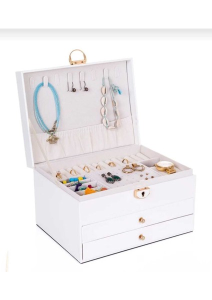 Kilitli Takı Kutusu, Suni Deri, Süet Iç, Çekmeceli, Şık ve Kullanışlı Organizer