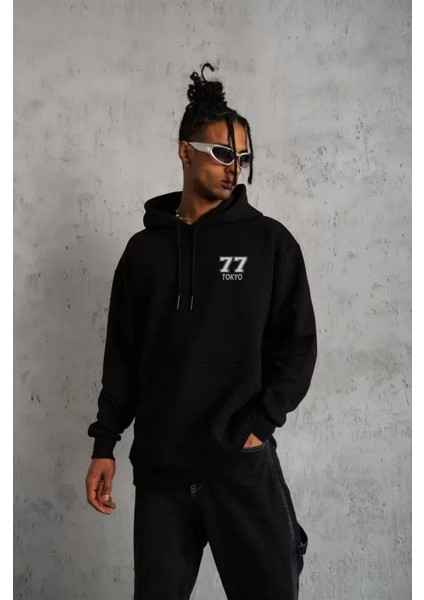 Unisex Kapşonlu Baskılı Sweetshirt - Siyah