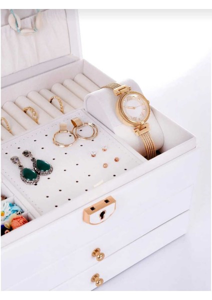 Kilitli Takı Kutusu, Suni Deri, Süet Iç, Çekmeceli, Şık ve Kullanışlı Organizer