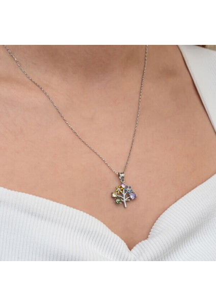 Renkli Hayat Ağacı 925 Ayar Gümüş Kadın Kolye