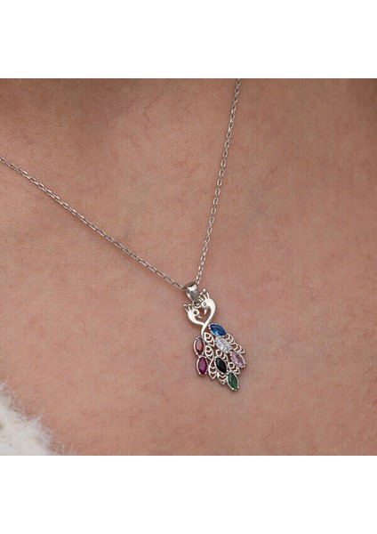 Renkli Taşlı Tavus Kuşu 925 Ayar Gümüş Kadın Kolye