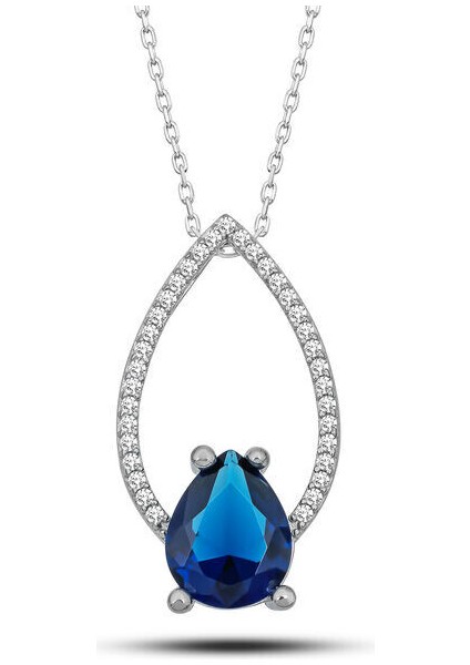 Mavi Zirkon Taşlı Damla 925 Ayar Gümüş Kadın Kolye