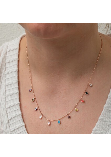 Renkli Damla Taşlı 925 Ayar Gümüş Kadın Kolye