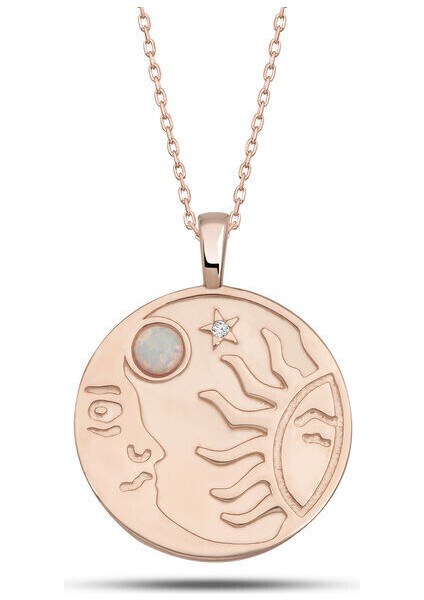 Rose Opal Beyaz Taşlı Ay Yıldız 925 Ayar Gümüş Kadın Kolye