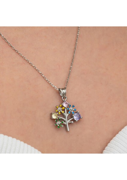 Renkli Hayat Ağacı 925 Ayar Gümüş Kadın Kolye