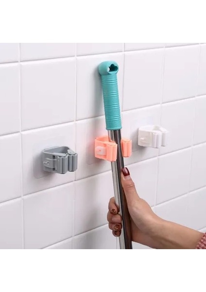 Duvar Tipi Mop & Paspas Tutucu 4'lü Set, Organizer, Banyo & Mutfak Düzenleyici, Yapışkanlı Montaj