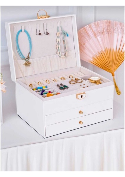 Beyaz Çok Katlı Güvenli Takı Saklama Kutusu ve Düzenleyici