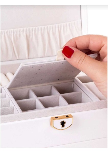 Beyaz Çok Katlı Güvenli Takı Saklama Kutusu ve Düzenleyici