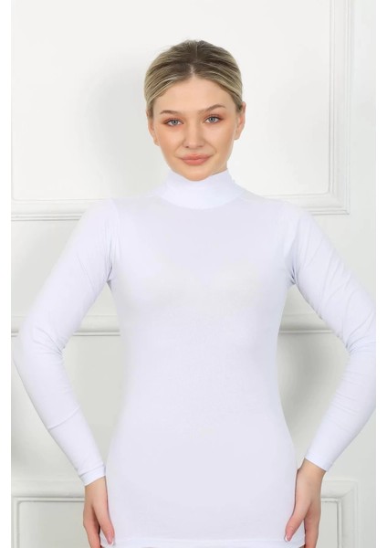 Bayan Uzun Kol Boğazlı Body Beyaz