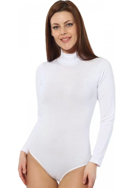 Bayan Uzun Kol Boğazlı Çıtçıtlı Body Beyaz