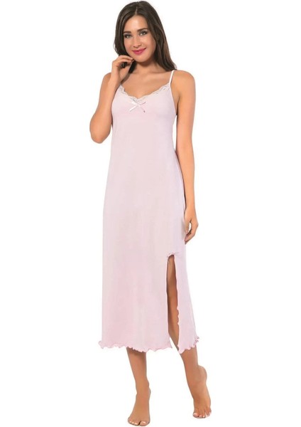 Bayan Ip Askılı Uzun Gecelik Pembe