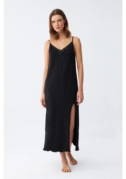 Kadın Ip Askılı Uzun Gecelik Siyah