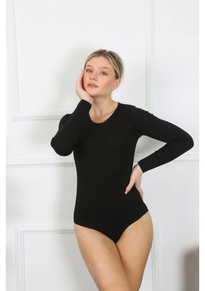 Bayan Uzun Kol Çıtçıtlı Body Siyah