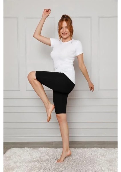 Penye Likralı Diz Üstü Tayt Siyah