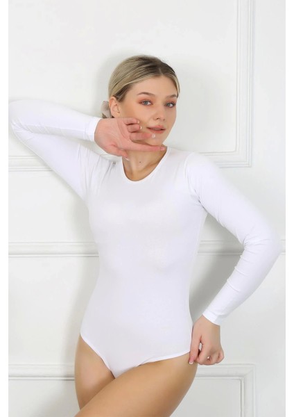 Bayan Uzun Kol Çıtçıtlı Body Beyaz