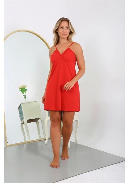 Kadın Pamuklu Ip Askılı Büyük Beden Gecelik Kırmızı