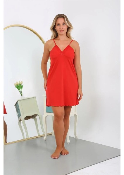 Kadın Pamuklu Ip Askılı Büyük Beden Gecelik Kırmızı