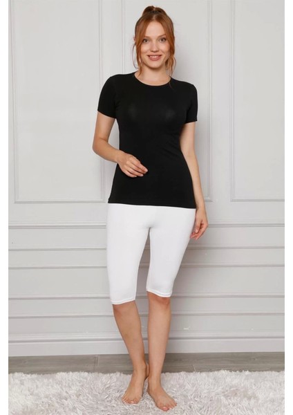 Penye Likralı Diz Üstü Tayt Beyaz