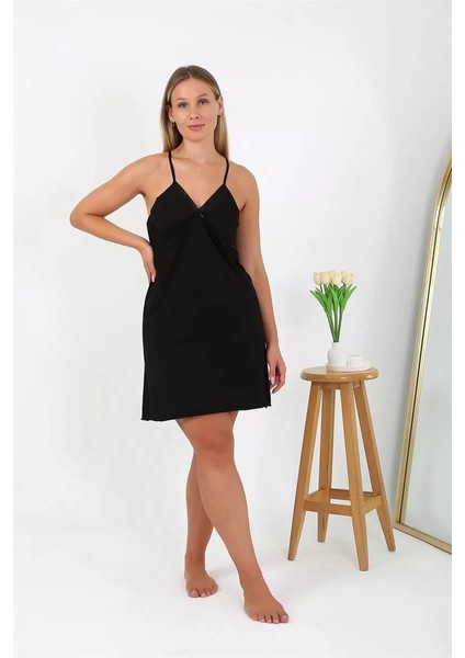 Kadın Pamuklu Ip Askılı Büyük Beden Gecelik Siyah