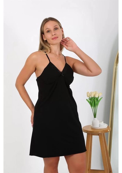 Kadın Pamuklu Ip Askılı Büyük Beden Gecelik Siyah