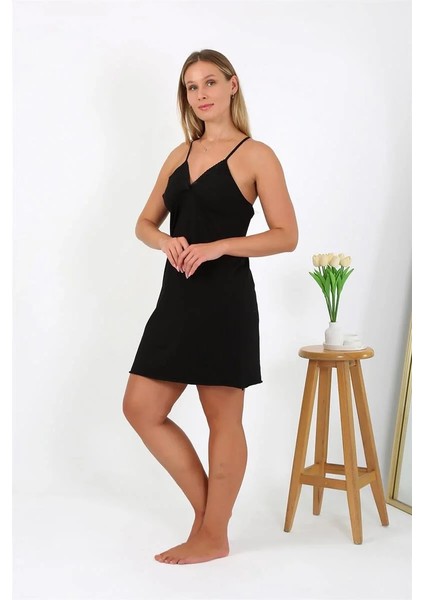 Kadın Pamuklu Ip Askılı Büyük Beden Gecelik Siyah