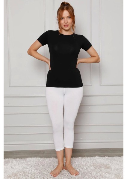 Penye Likralı Diz Altı Tayt Beyaz