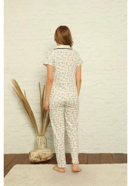 Kadın %100 Pamuk Önden Düğmeli Kısa Kol Pijama Takım Ekru modelleri