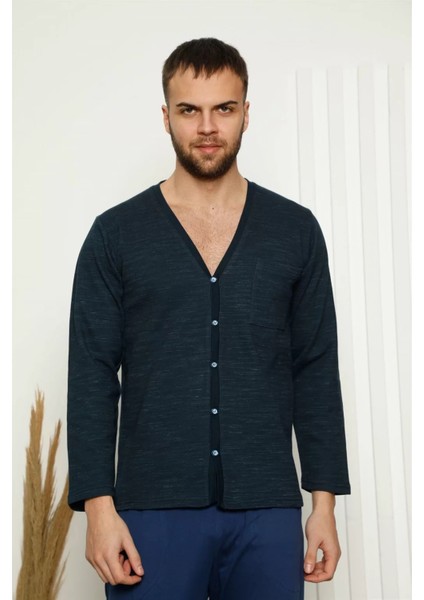 Erkek %100 Pamuk Önden Düğmeli Cepli Uzun Kollu Pijama Takımı Lacivert