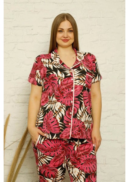 Kadın Pamuklu Cepli Kısa Kol Büyük Beden Pijama Takım Fuşya