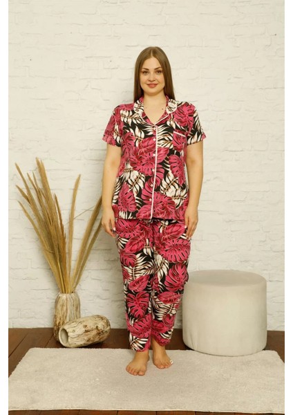 Kadın Pamuklu Cepli Kısa Kol Büyük Beden Pijama Takım Fuşya fiyatları